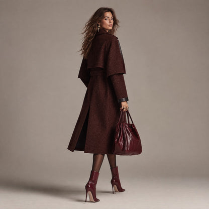 Elegant Wool Blend Trench Coat With Faux Leather Trim