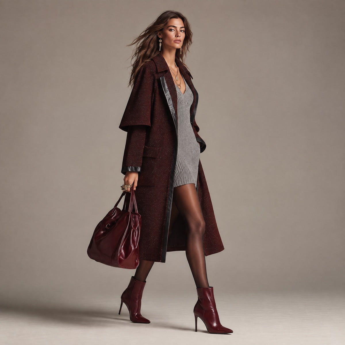 Elegant Wool Blend Trench Coat With Faux Leather Trim