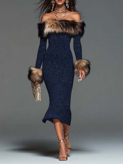 Elegant Off-Shoulder Faux Fur Trim Sparkle Knit Midi Dress