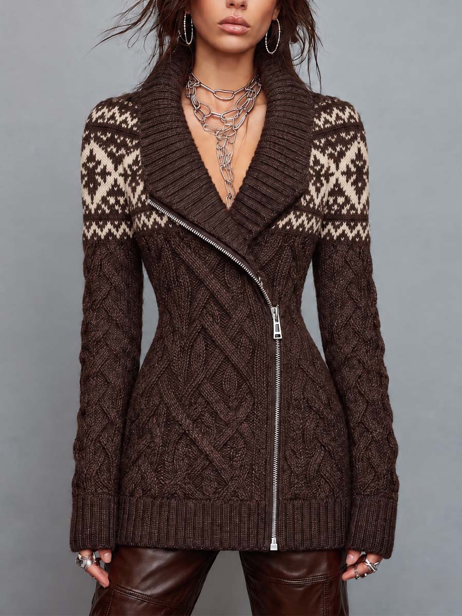 Vintage Fair Isle Cable Knit Zip-Front Sweater Coat