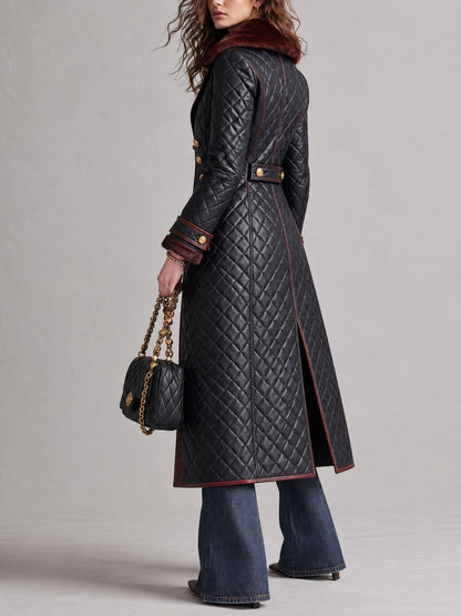 Women's Quilted Faux Leather Long Trench Coat with Faux Fur Collar