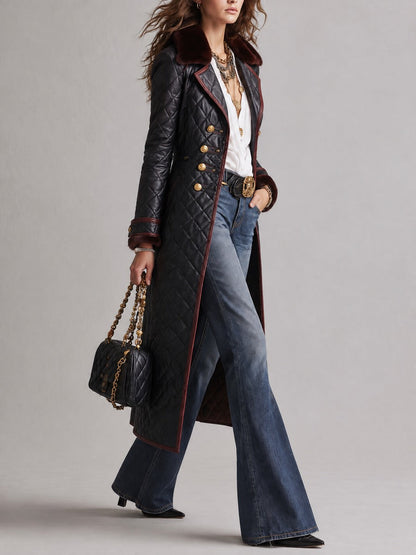 Women's Quilted Faux Leather Long Trench Coat with Faux Fur Collar