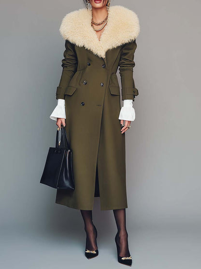Vintage Olive Green Trench Coat With Detachable Fur Collar