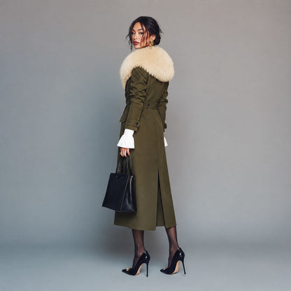 Vintage Olive Green Trench Coat With Detachable Fur Collar