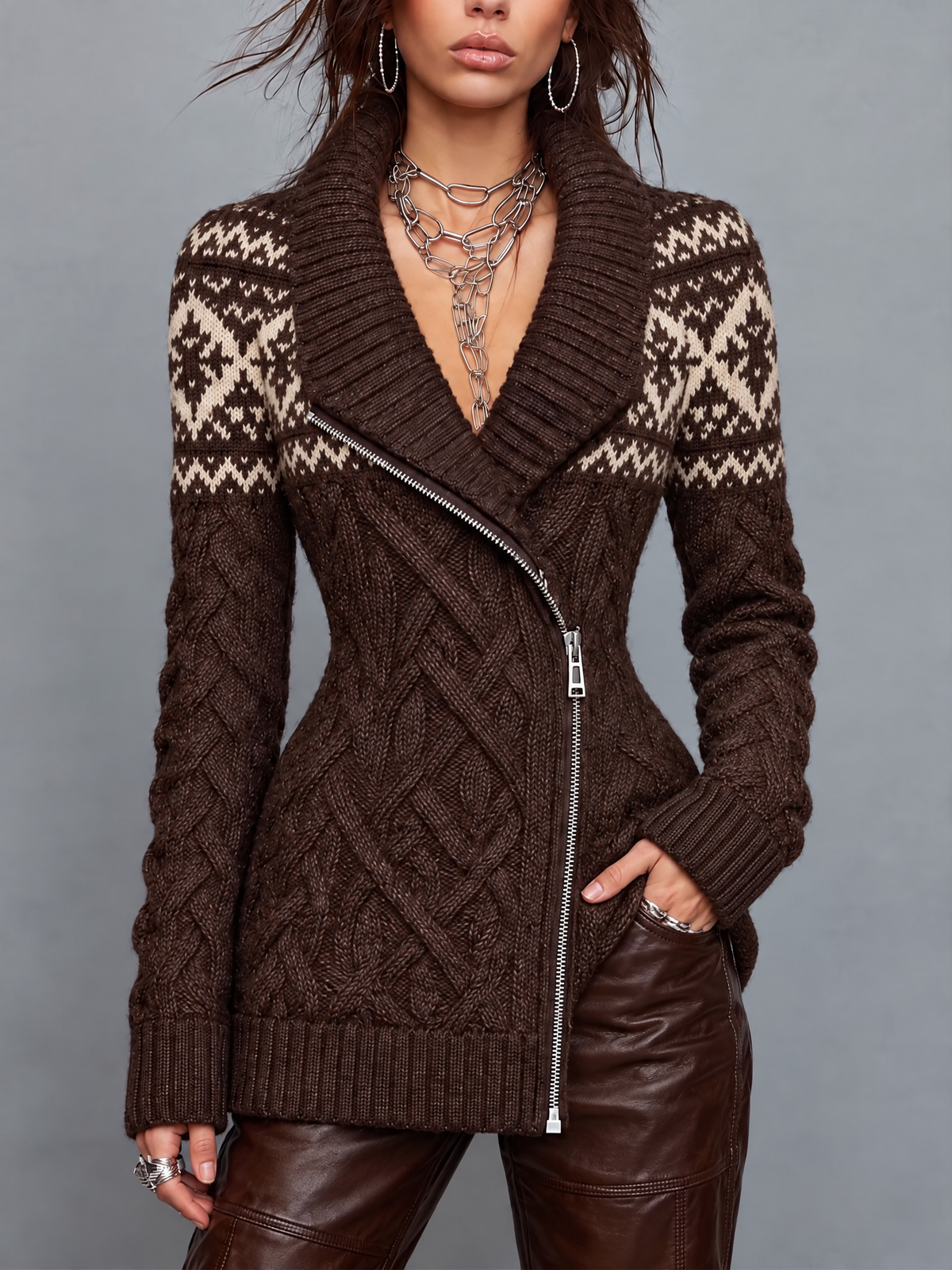 Vintage Fair Isle Cable Knit Zip-Front Sweater Coat