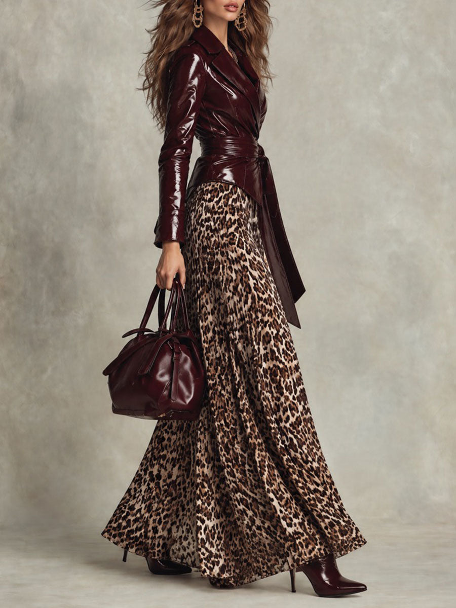 Retro Glossy Patent Leather Belted Wrap Jacket