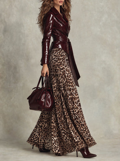 Retro Glossy Patent Leather Belted Wrap Jacket