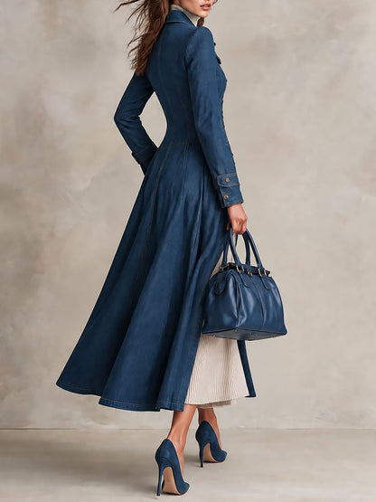 Retro Single-breasted Long Fitted Denim Trench Coat