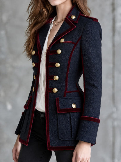 Women's Military Style Herringbone Wool Blazer with Velvet Trim