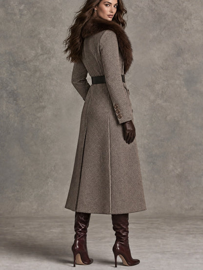 Vintage Herringbone Wool Long Coat With Faux Fur Collar And Belt