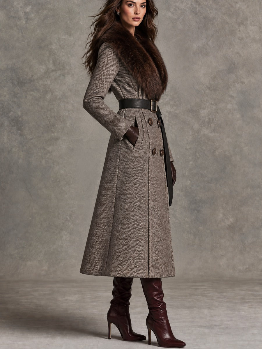 Vintage Herringbone Wool Long Coat With Faux Fur Collar And Belt
