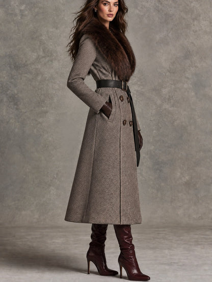 Vintage Herringbone Wool Long Coat With Faux Fur Collar And Belt