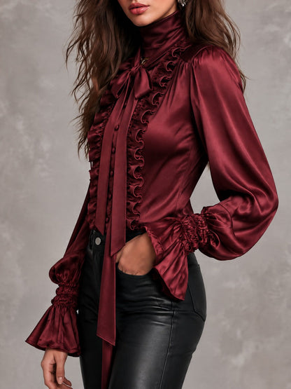 Women's Satin Bow Tie Neck Ruffle Trim Blouse with Bishop Sleeves