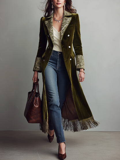 Vintage Olive Paisley Trim Velvet Maxi Coat