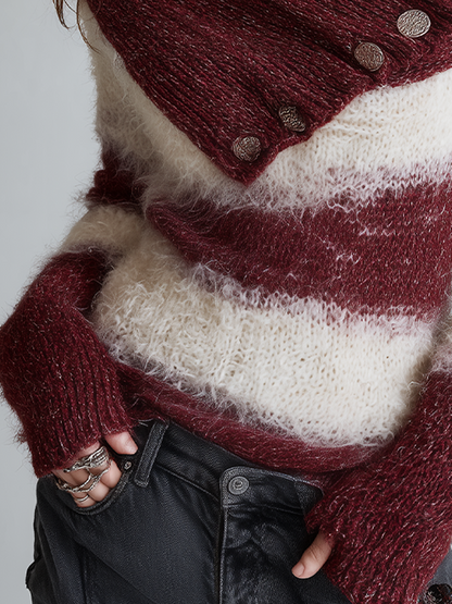 Romantic Burgundy Striped Off-Shoulder Knit Sweater