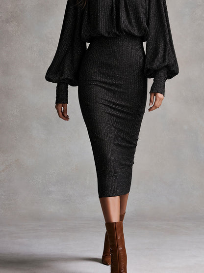 Black Mock Neck Bishop Sleeve Glitter Knit Bishop Sleeve Midi Dress