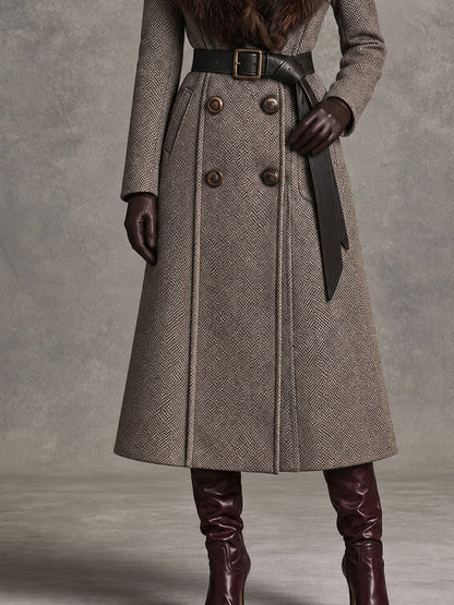 Vintage Herringbone Wool Long Coat With Faux Fur Collar And Belt