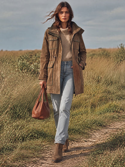 Women's Faux Suede Hooded Utility Jacket With Flap Pockets