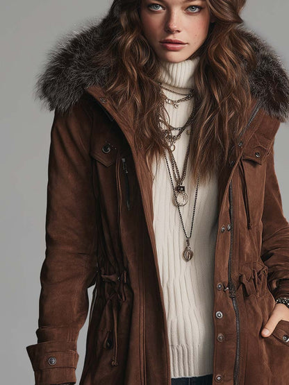 Vintage-style Polyester Suede Coat With A Drawstring Waist