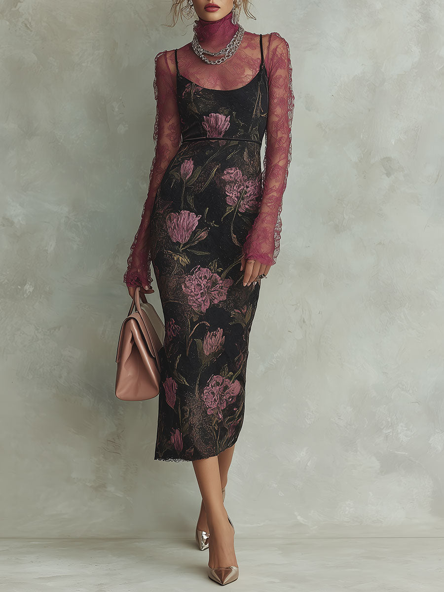 Elegant Lace Base Layer & Screen-Printed Slim-Fit Camisole Midi Dress Set