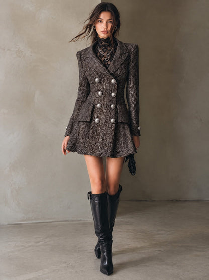 Elegant Herringbone Double-Breasted Blazer Mini Dress With Silver Button