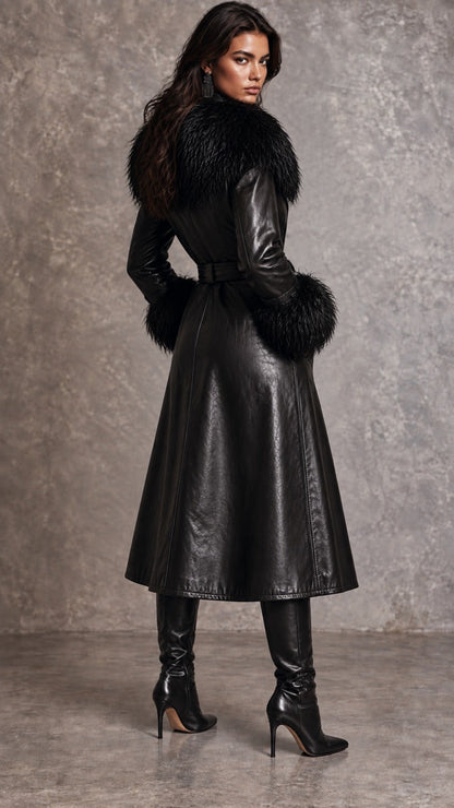 Retro Double Breasted Faux Leather Long Trench With Detachable Fluffy Fur Trim