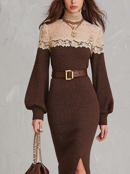 Lace Panel Turtleneck Knit Midi Dress