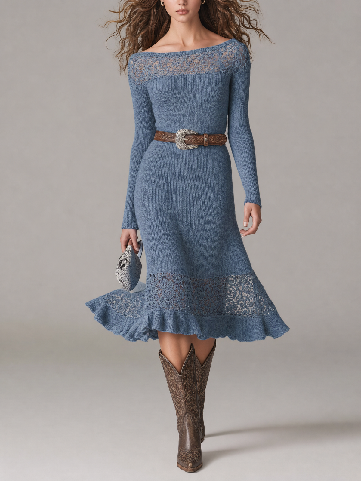 Boat Neck Openwork Panel Ribbed Knit Midi Dress