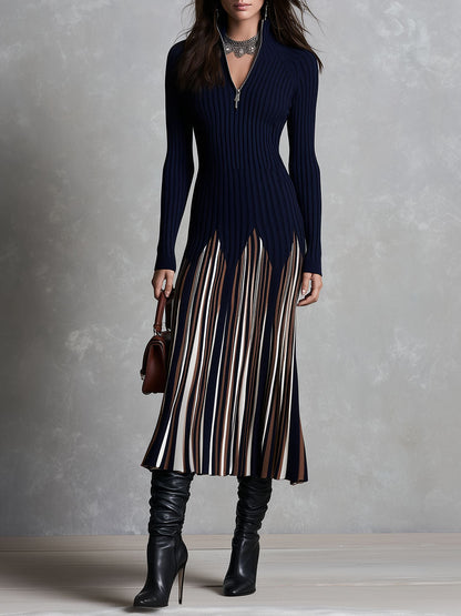 Navy Zip High Neck Colorblock Striped Ribbed Knit Midi Dress With Flared Hem