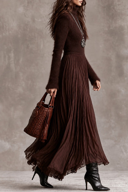 Boho Chocolate Brown Fuzzy Turtleneck Knit Maxi Dress With Pleated Chiffon Skirt