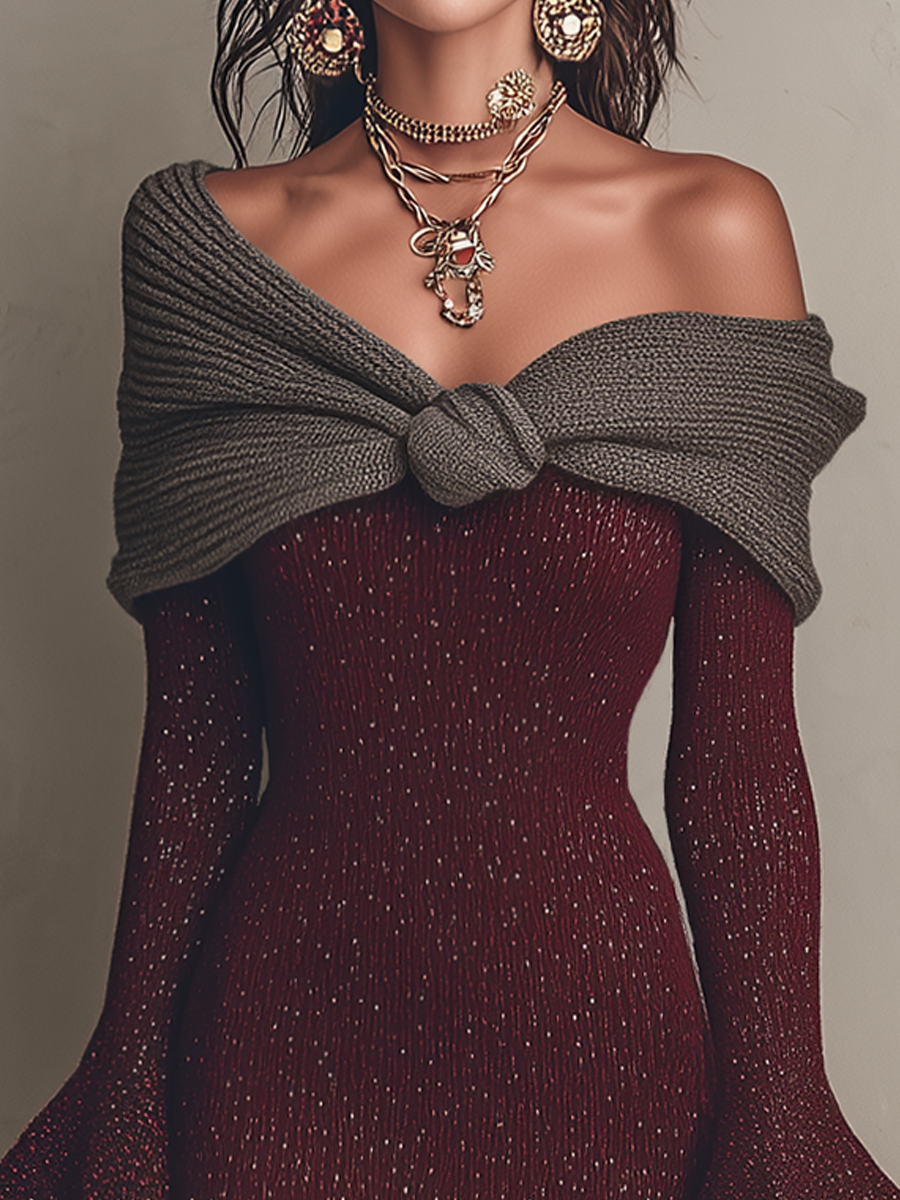 Romantic Burgundy Contrast Shawl Off-Shoulder Knit Mini Dress