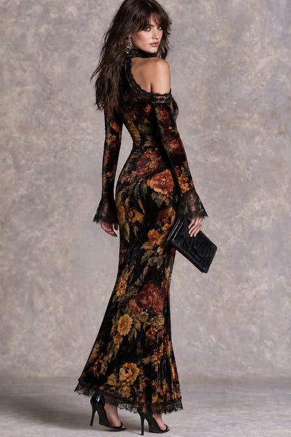 Retro Victorian High Neck Cold Shoulder Velvet Evening Dress With Lace Trim