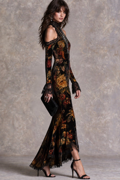 Retro Victorian High Neck Cold Shoulder Velvet Evening Dress With Lace Trim