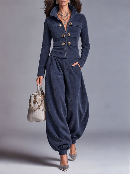 Ribbed Corduroy Zip-Up Jacket & Balloon Jogger Pants Two-Piece Set