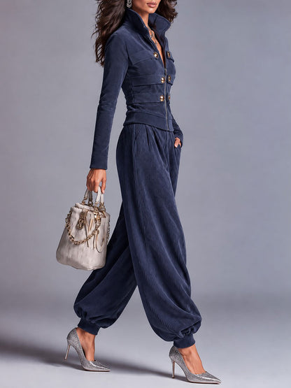 Ribbed Corduroy Zip-Up Jacket & Balloon Jogger Pants Two-Piece Set