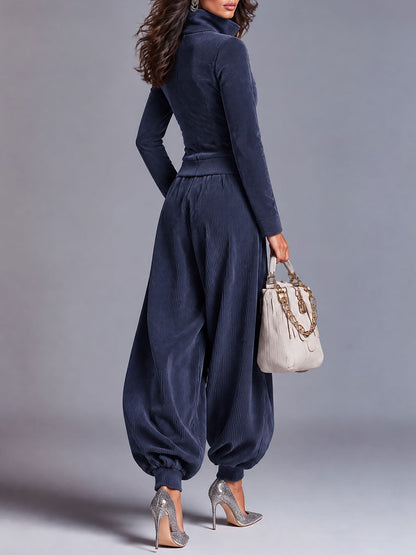 Ribbed Corduroy Zip-Up Jacket & Balloon Jogger Pants Two-Piece Set