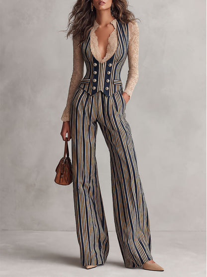 Retro Double-breasted Striped Corset Vest & Wide-Leg Pants Set