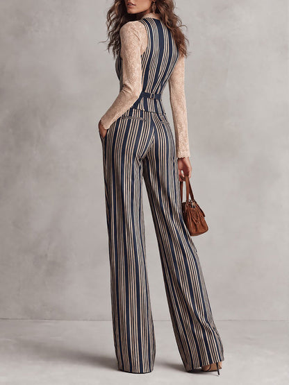 Retro Double-breasted Striped Corset Vest & Wide-Leg Pants Set