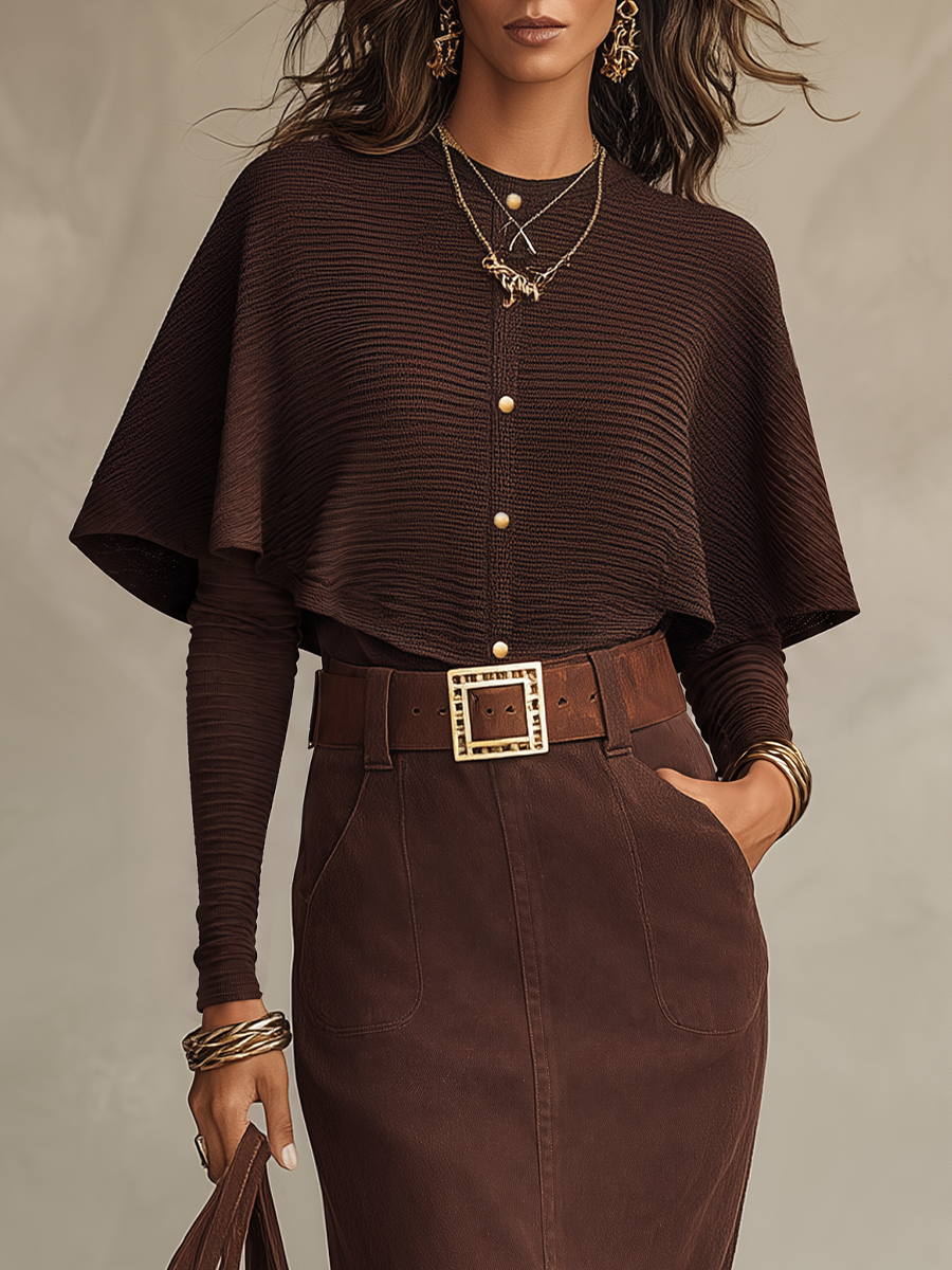 Refined Chocolate Brown Cape Knit Top & Belted Maxi Skirt Set