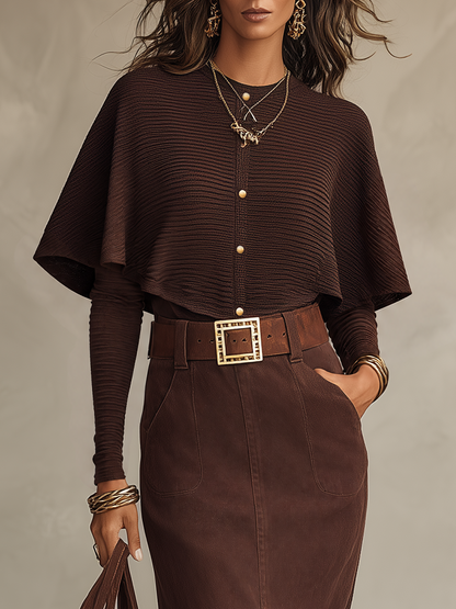 Refined Chocolate Brown Cape Knit Top & Belted Maxi Skirt Set