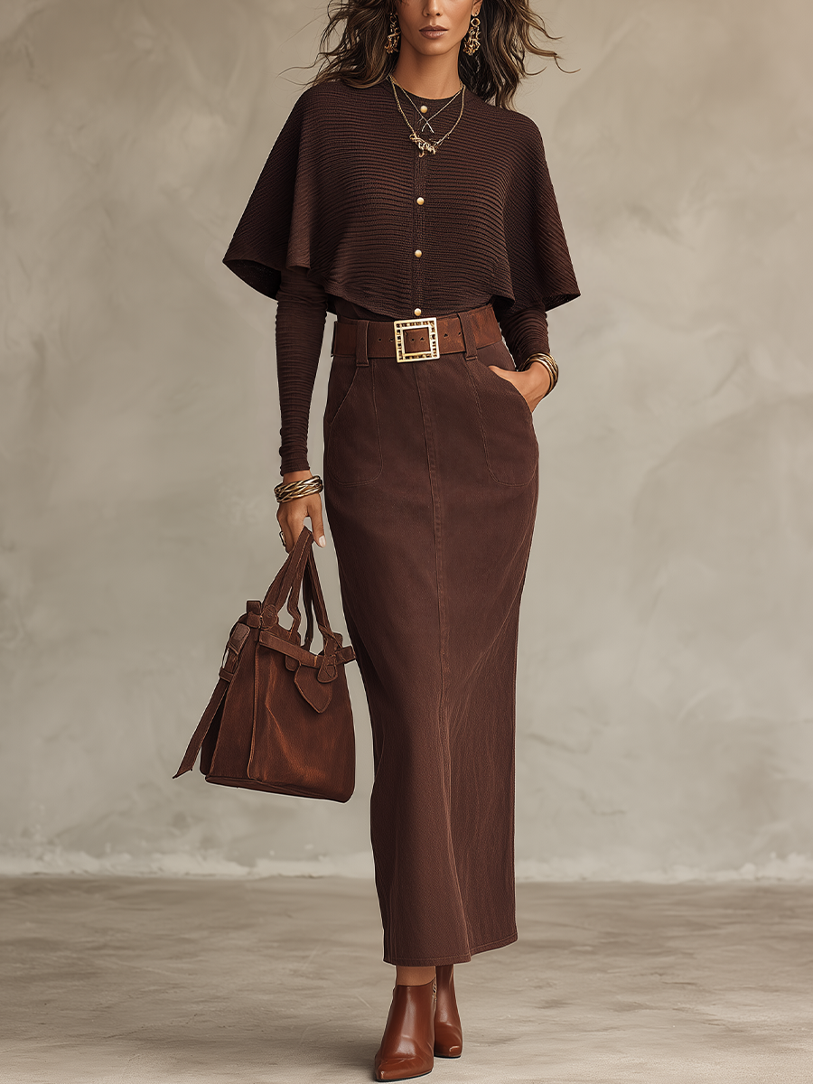 Refined Chocolate Brown Cape Knit Top & Belted Maxi Skirt Set