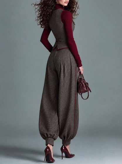 Retro Herringbone Tweed Contrast Piping Vest & Balloon Pants Two-Piece Set