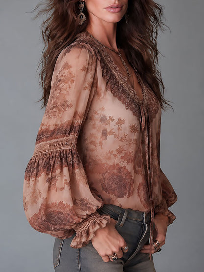 Boho Floral Print Sheer Chiffon Blouse with Lantern Sleeves