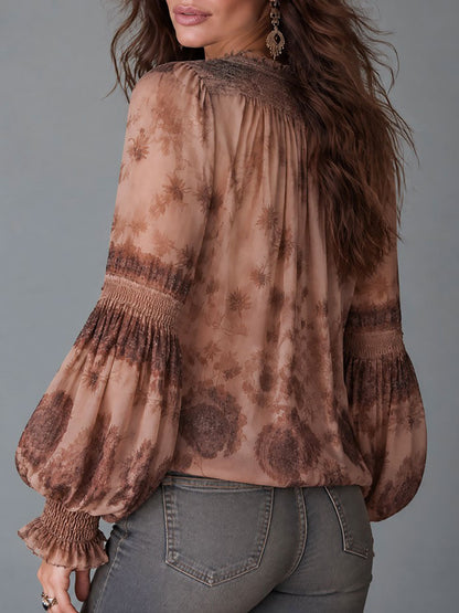 Boho Floral Print Sheer Chiffon Blouse with Lantern Sleeves