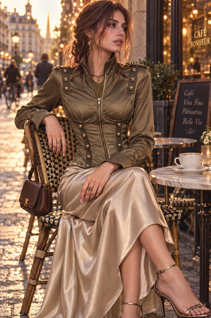 Vintage Military Style Satin Zip-Up Jacket with Brass Button Trim
