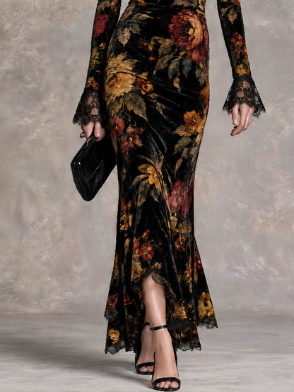 Retro Victorian High Neck Cold Shoulder Velvet Evening Dress With Lace Trim