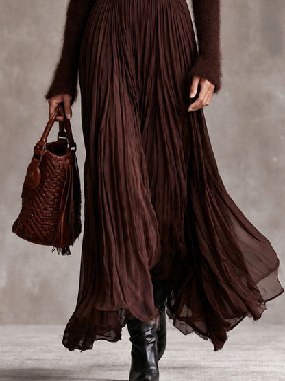 Boho Chocolate Brown Fuzzy Turtleneck Knit Maxi Dress With Pleated Chiffon Skirt