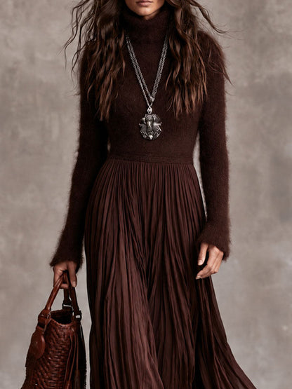 Boho Chocolate Brown Fuzzy Turtleneck Knit Maxi Dress With Pleated Chiffon Skirt