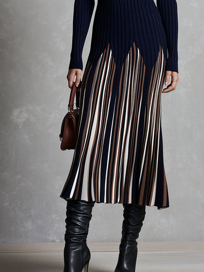 Navy Zip High Neck Colorblock Striped Ribbed Knit Midi Dress With Flared Hem