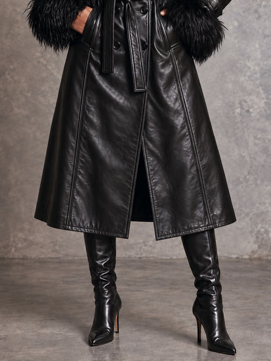 Retro Double Breasted Faux Leather Long Trench With Detachable Fluffy Fur Trim